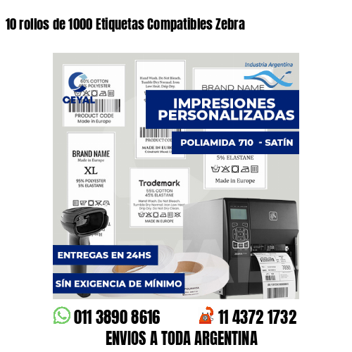 10 rollos de 1000 Etiquetas Compatibles Zebra 