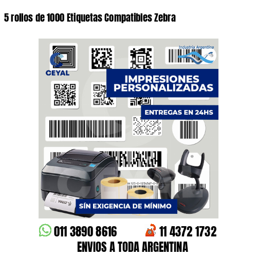 5 rollos de 1000 Etiquetas Compatibles Zebra 
