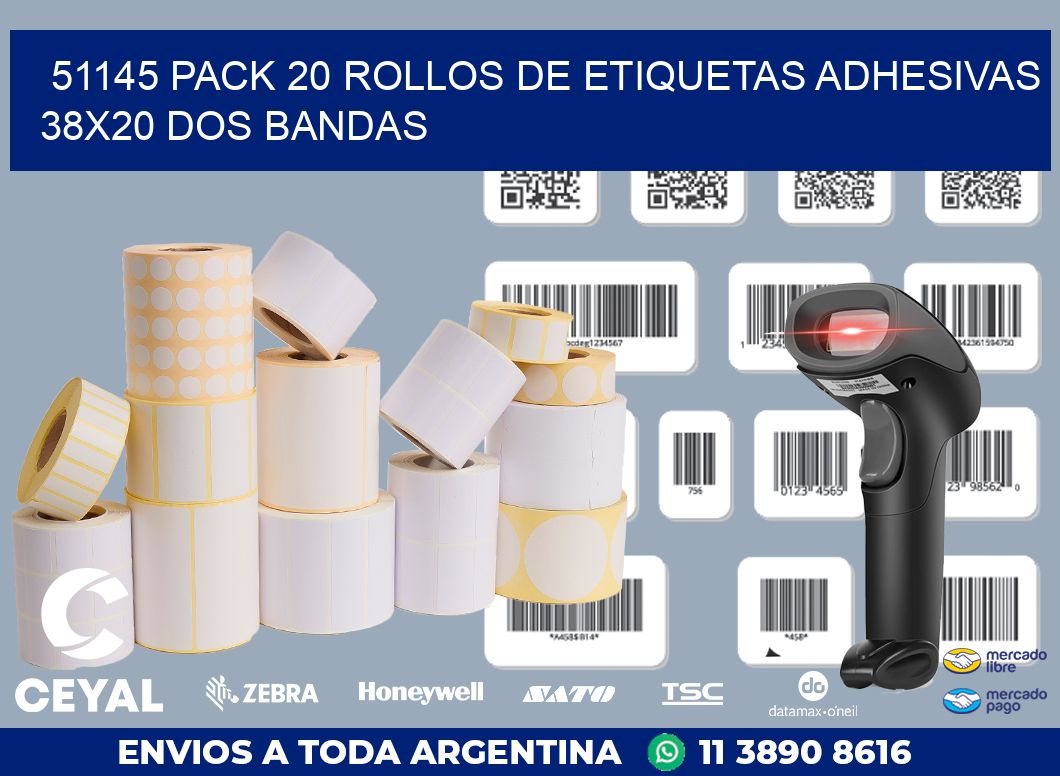 51145 PACK 20 ROLLOS DE ETIQUETAS ADHESIVAS 38X20 DOS BANDAS