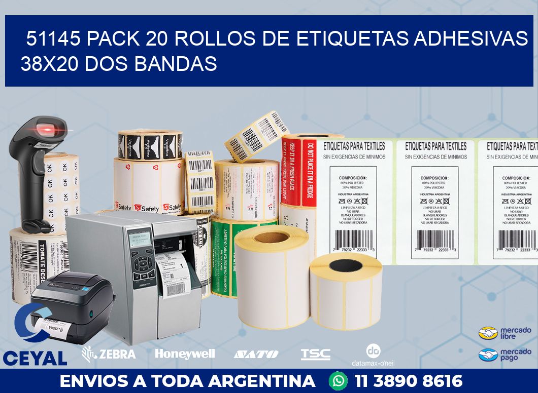 51145 PACK 20 ROLLOS DE ETIQUETAS ADHESIVAS 38X20 DOS BANDAS