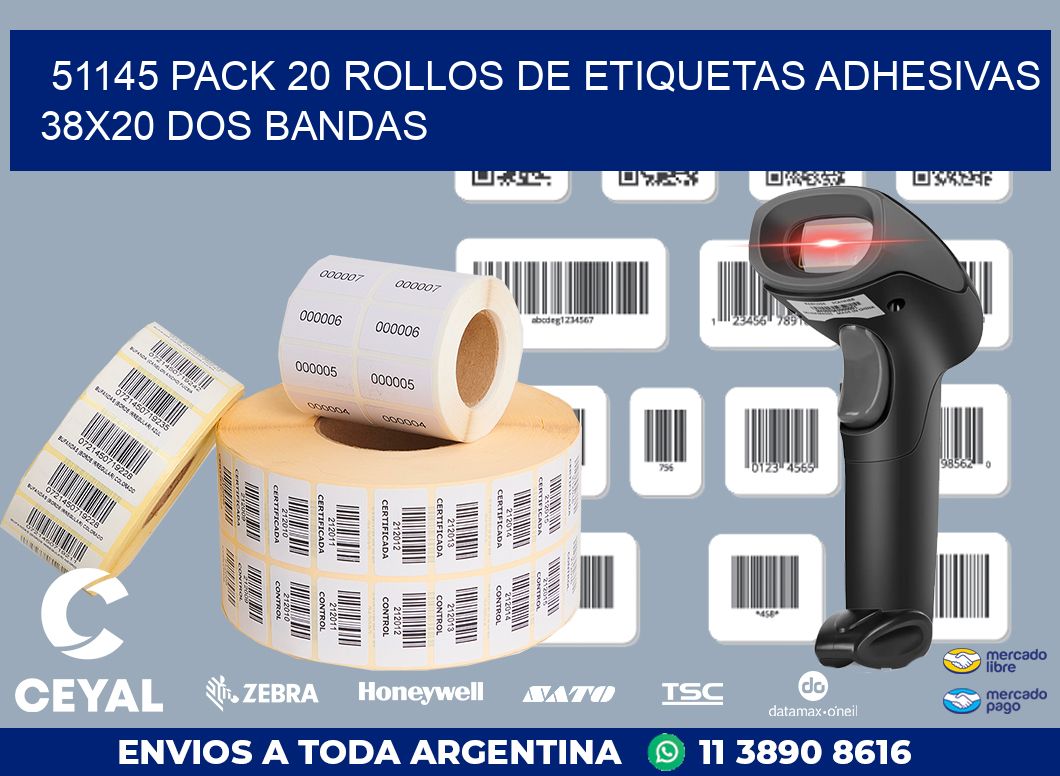 51145 PACK 20 ROLLOS DE ETIQUETAS ADHESIVAS 38X20 DOS BANDAS