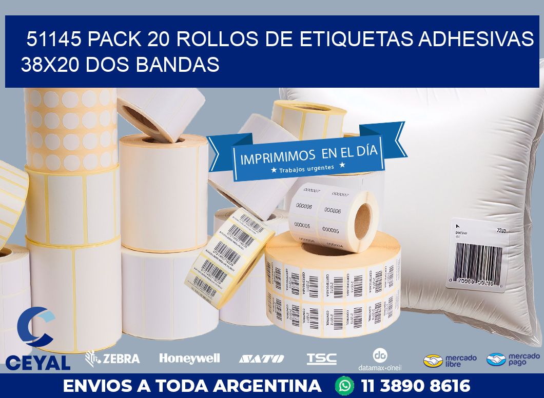 51145 PACK 20 ROLLOS DE ETIQUETAS ADHESIVAS 38X20 DOS BANDAS