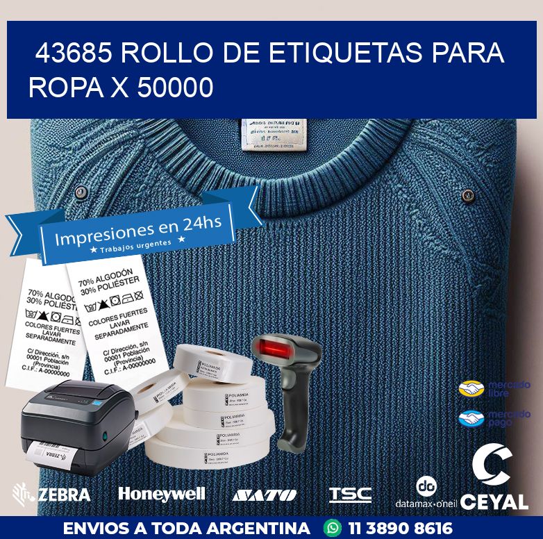 43685 ROLLO DE ETIQUETAS PARA ROPA X 50000