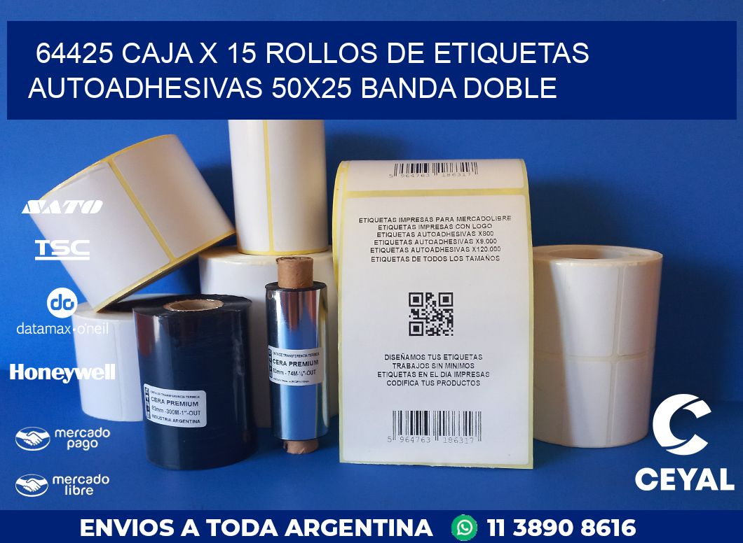 64425 CAJA X 15 ROLLOS DE ETIQUETAS AUTOADHESIVAS 50X25 BANDA DOBLE