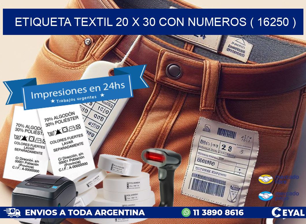ETIQUETA TEXTIL 20 X 30 CON NUMEROS ( 16250 )