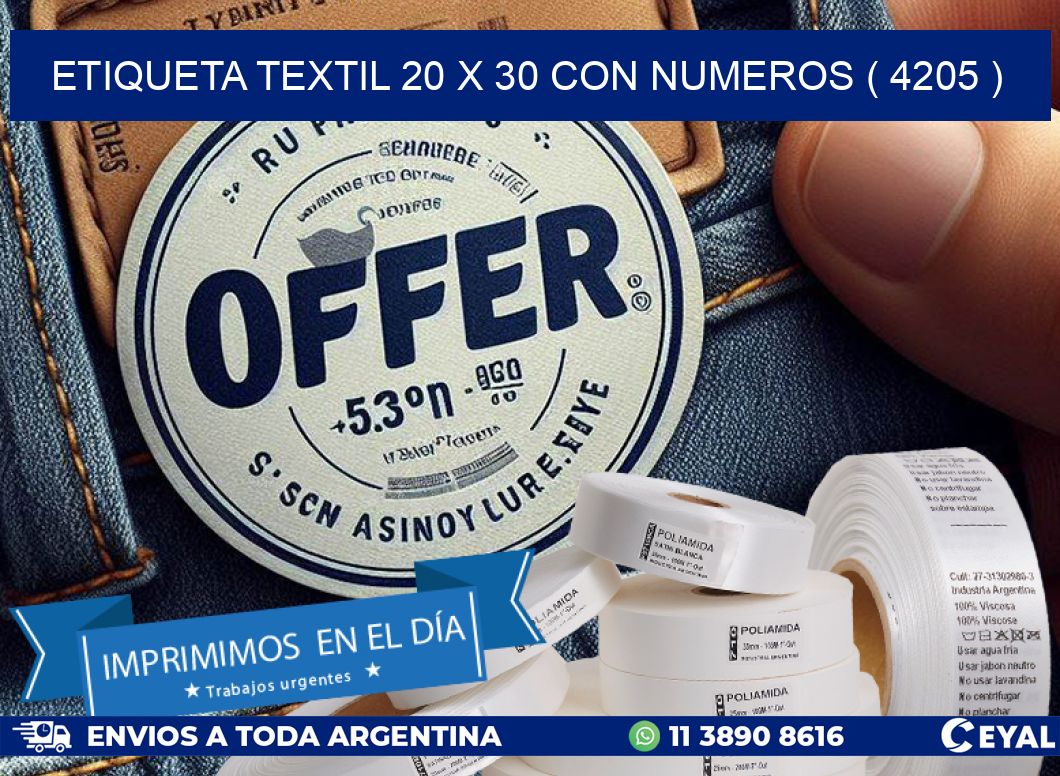 ETIQUETA TEXTIL 20 X 30 CON NUMEROS ( 4205 )