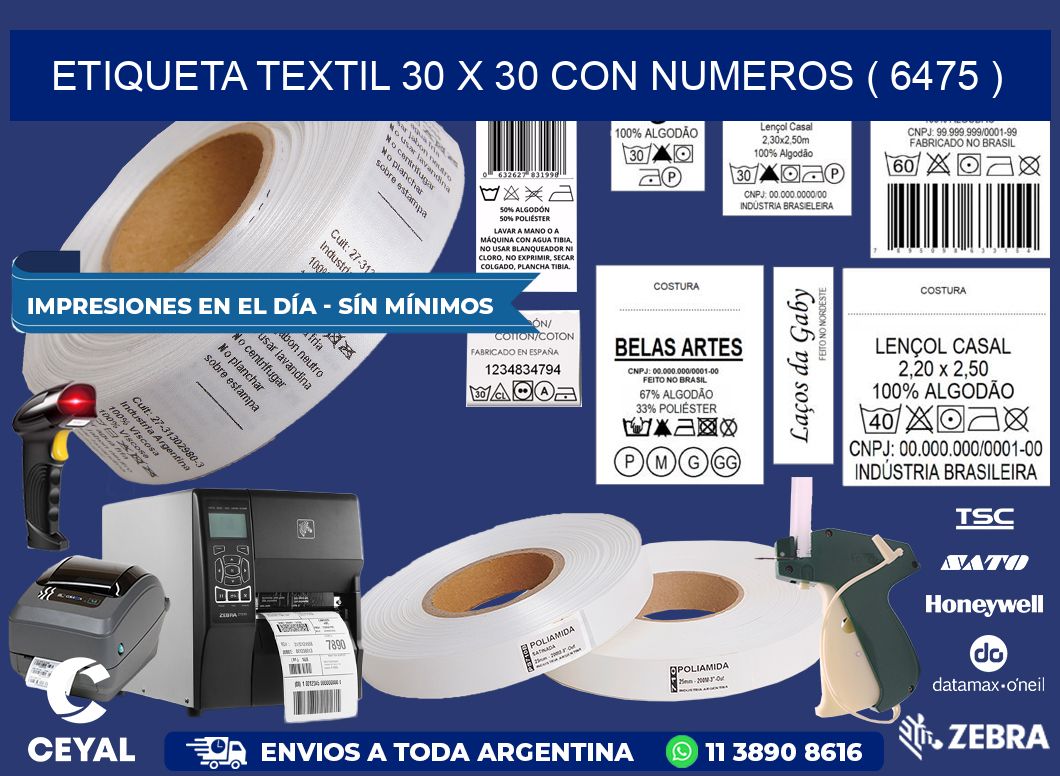 ETIQUETA TEXTIL 30 X 30 CON NUMEROS ( 6475 )