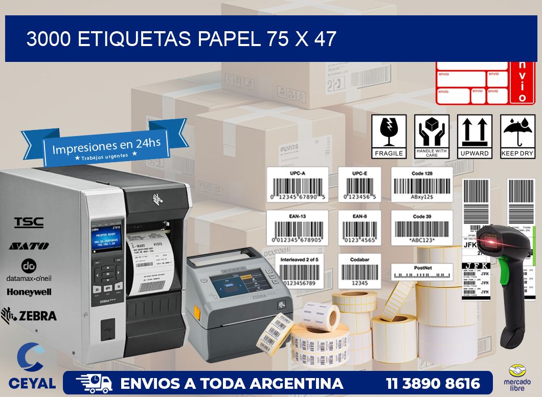 3000 ETIQUETAS PAPEL 75 x 47