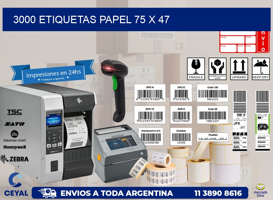 3000 ETIQUETAS PAPEL 75 x 47