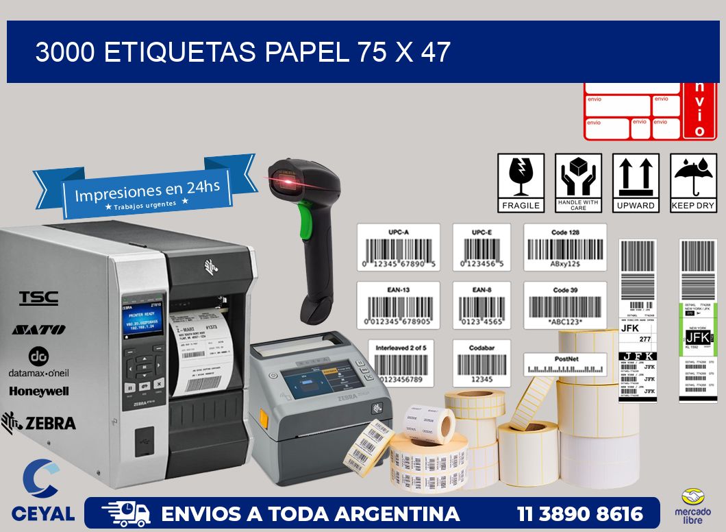 3000 ETIQUETAS PAPEL 75 x 47