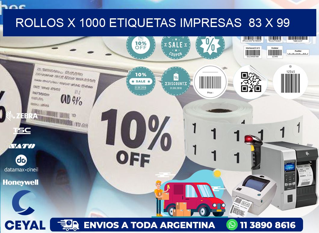 ROLLOS X 1000 ETIQUETAS IMPRESAS  83 x 99