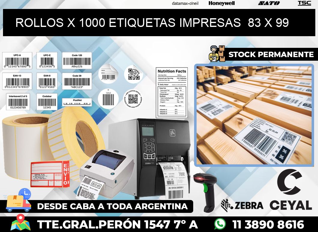 ROLLOS X 1000 ETIQUETAS IMPRESAS  83 x 99