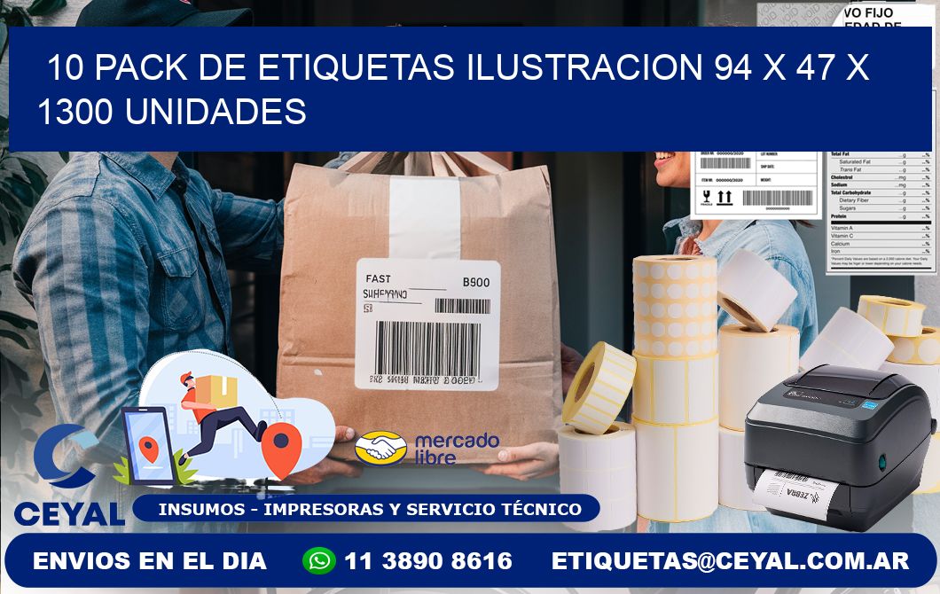 10 PACK DE ETIQUETAS ILUSTRACION 94 x 47 X 1300 UNIDADES