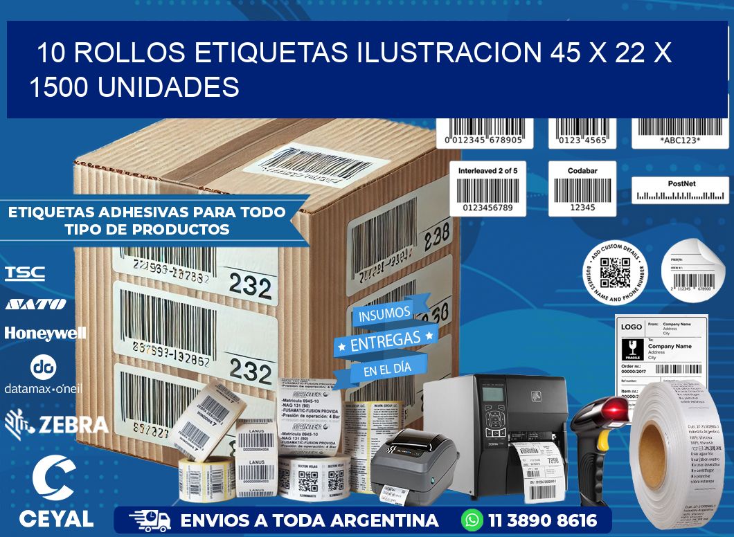 10 ROLLOS ETIQUETAS ILUSTRACION 45 x 22 X 1500 UNIDADES