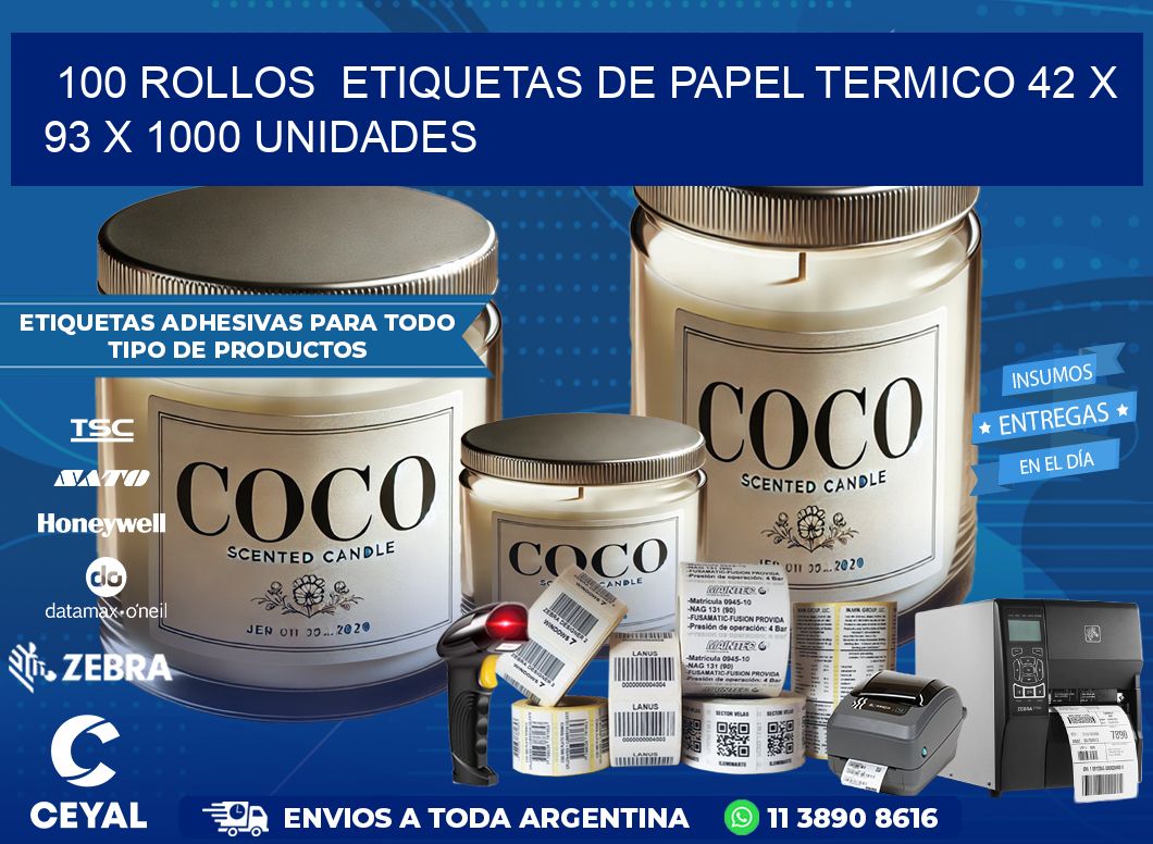 100 ROLLOS  ETIQUETAS DE PAPEL TERMICO 42 x 93 X 1000 UNIDADES