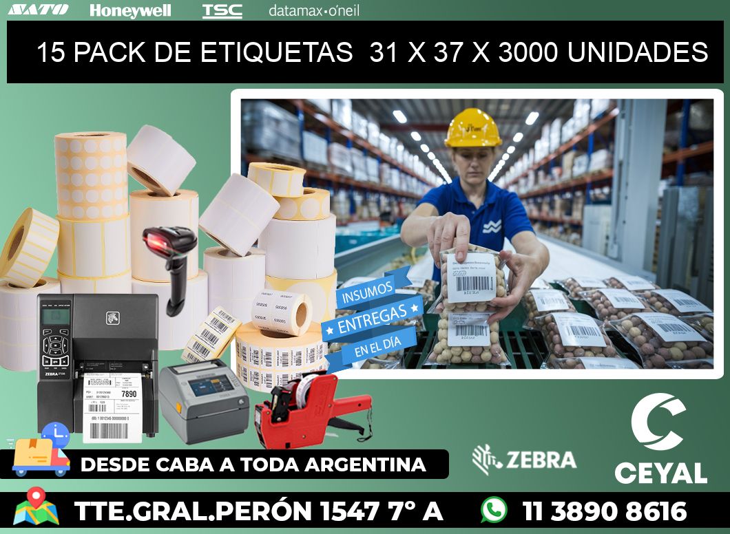 15 PACK DE ETIQUETAS  31 x 37 X 3000 UNIDADES