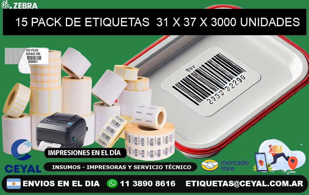 15 PACK DE ETIQUETAS  31 x 37 X 3000 UNIDADES