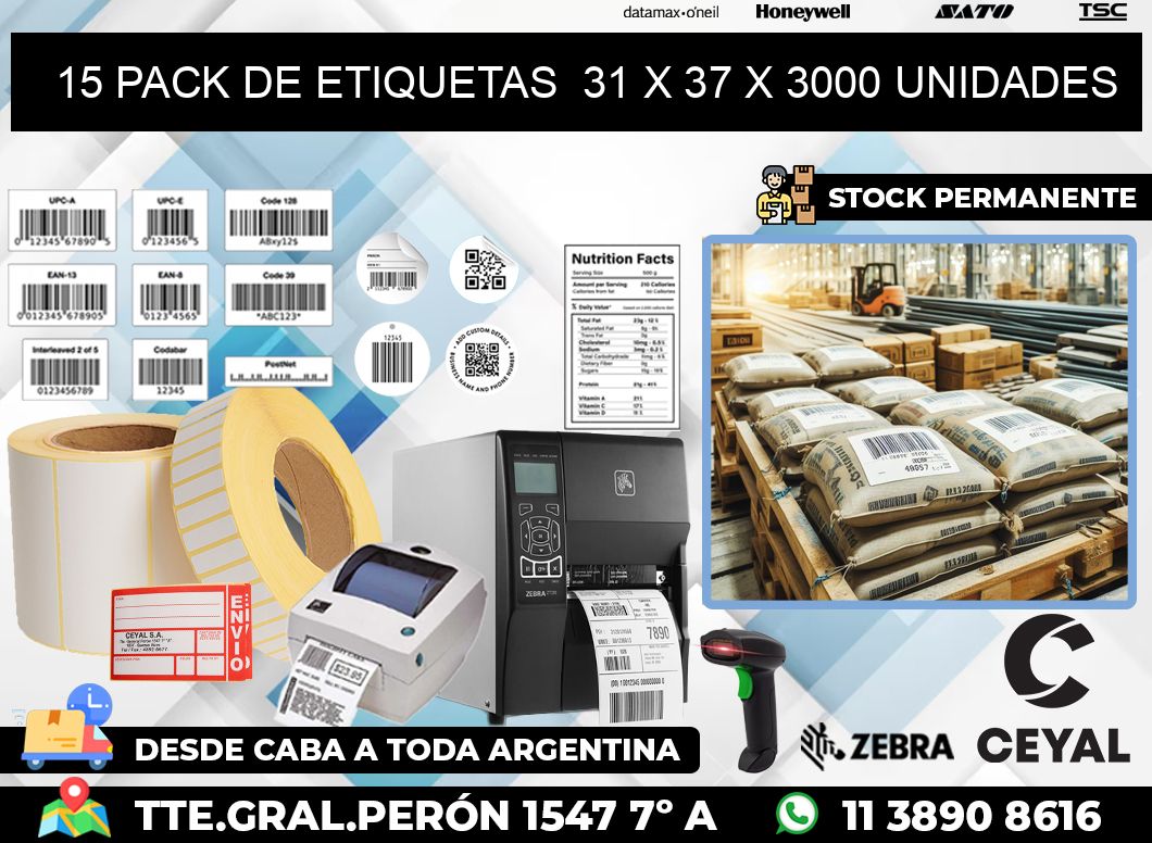 15 PACK DE ETIQUETAS  31 x 37 X 3000 UNIDADES