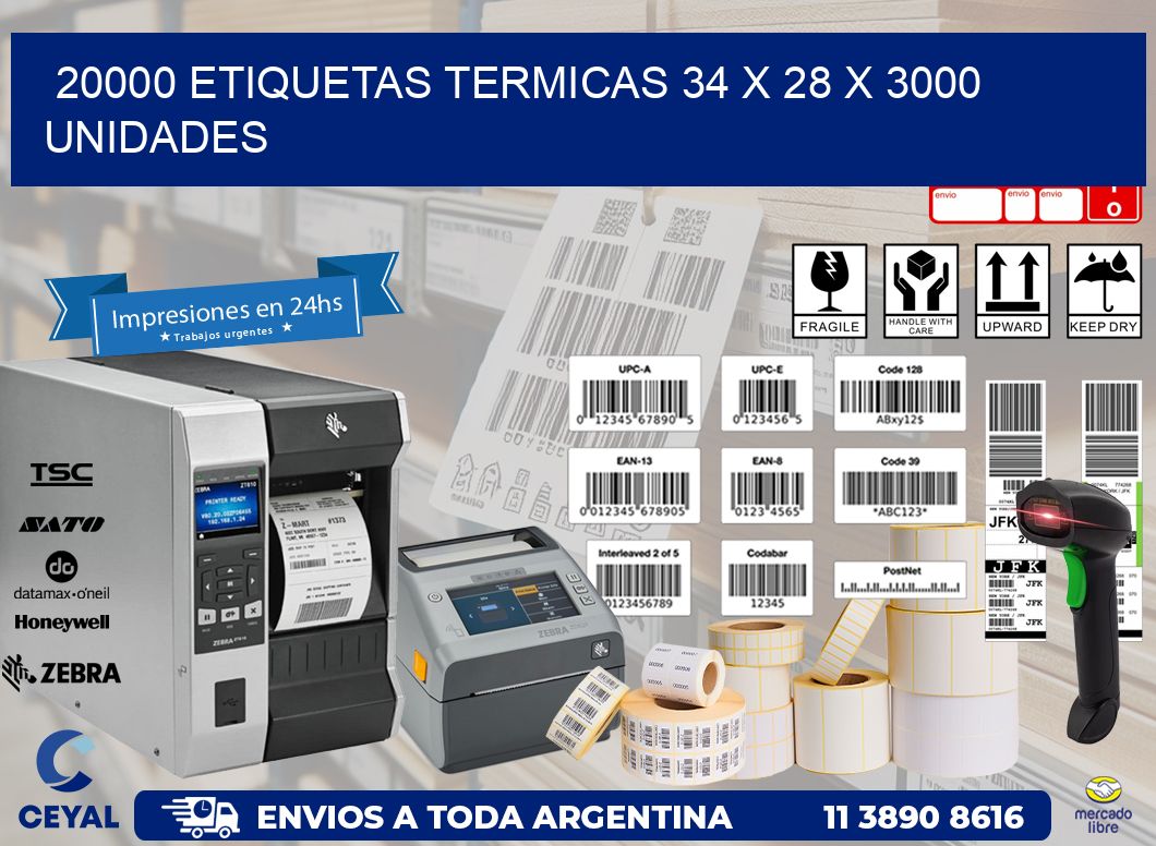 20000 ETIQUETAS TERMICAS 34 x 28 X 3000 UNIDADES