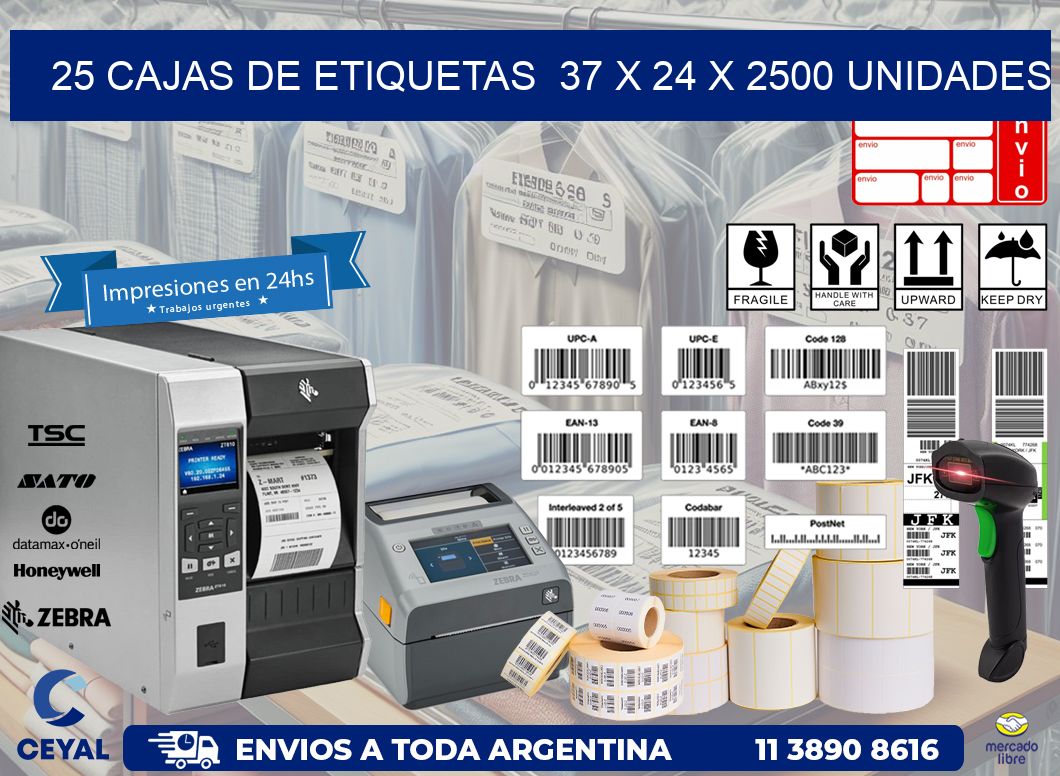 25 CAJAS DE ETIQUETAS  37 x 24 X 2500 UNIDADES