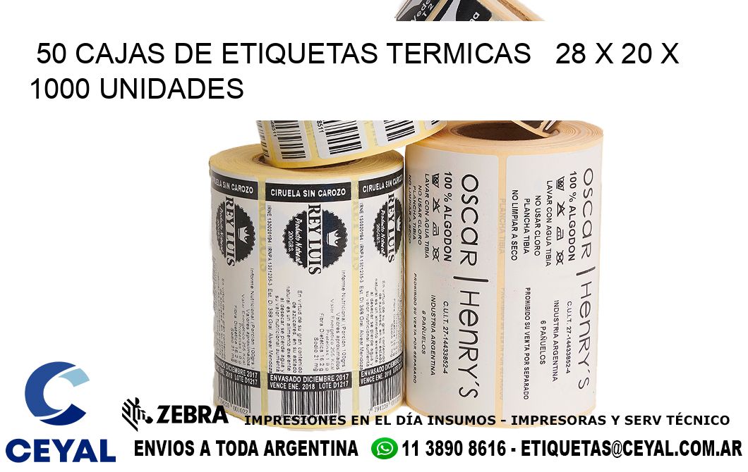 50 CAJAS DE ETIQUETAS TERMICAS   28 x 20 X 1000 UNIDADES