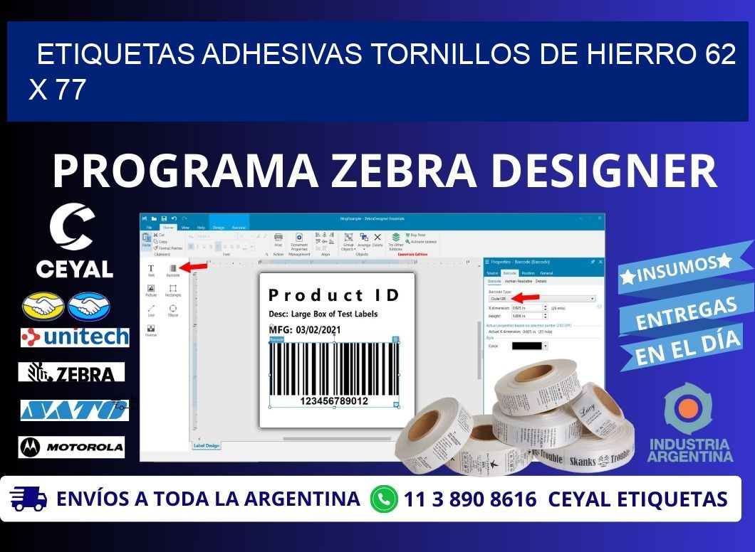 ETIQUETAS ADHESIVAS TORNILLOS DE HIERRO 62 x 77