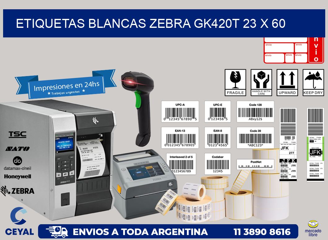 ETIQUETAS BLANCAS ZEBRA GK420T 23 x 60