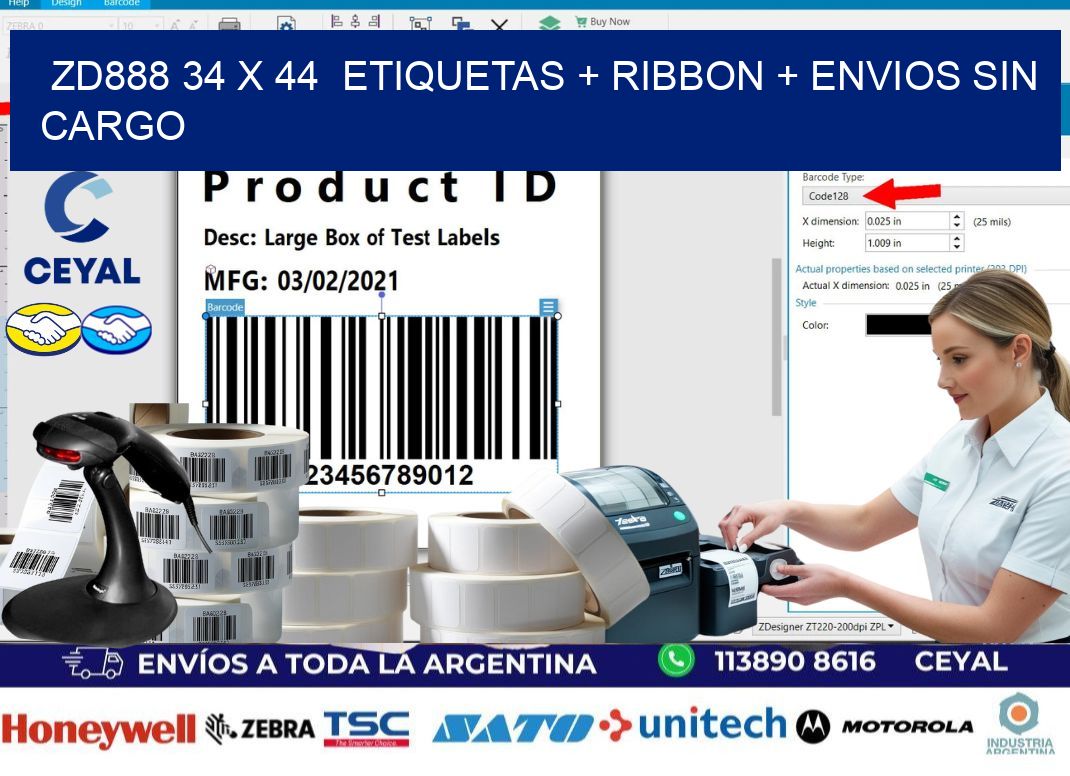 ZD888 34 x 44  etiquetas + ribbon + envios sin cargo