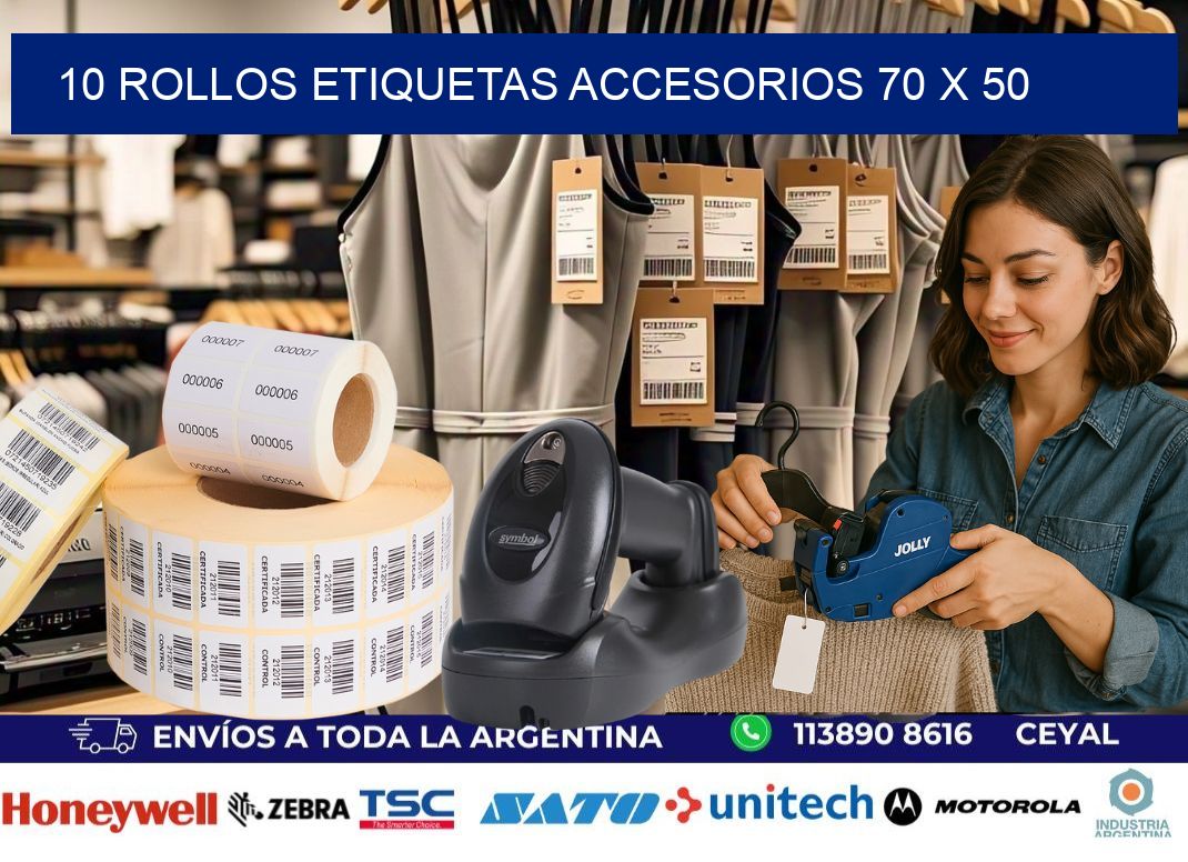 10 ROLLOS ETIQUETAS ACCESORIOS 70 x 50