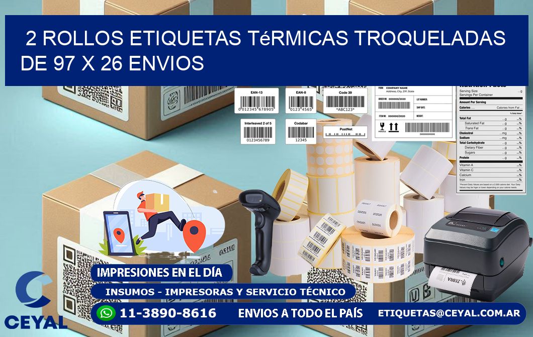 2 Rollos Etiquetas Térmicas Troqueladas De 97 x 26 ENVIOS