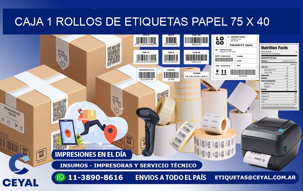 CAJA 1 ROLLOS DE ETIQUETAS PAPEL 75 x 40