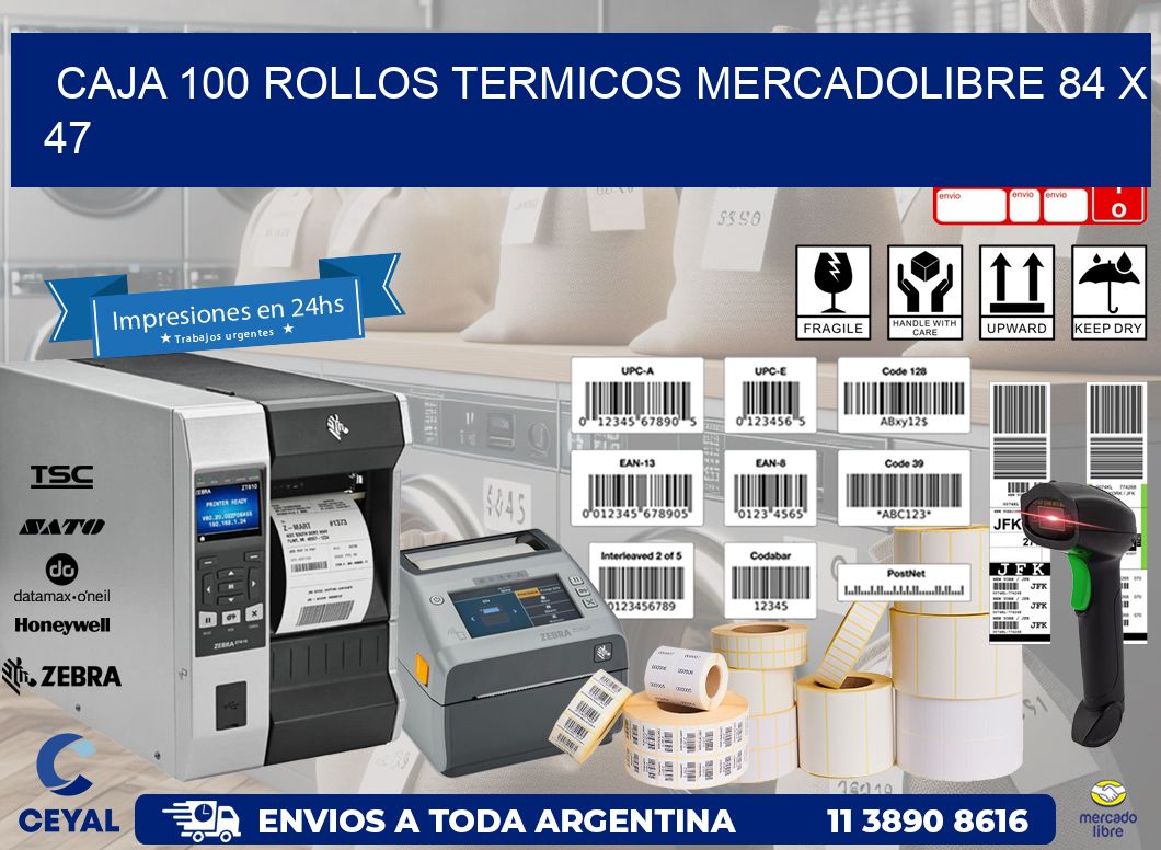 CAJA 100 ROLLOS TERMICOS MERCADOLIBRE 84 x 47