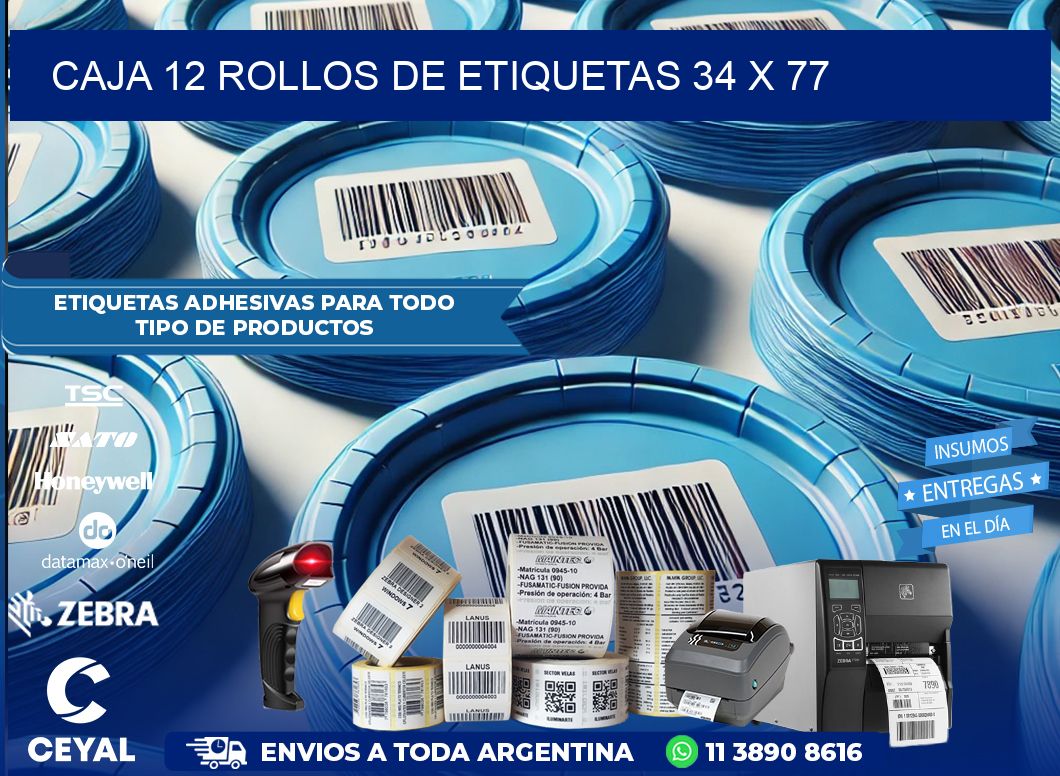 CAJA 12 ROLLOS DE ETIQUETAS 34 x 77