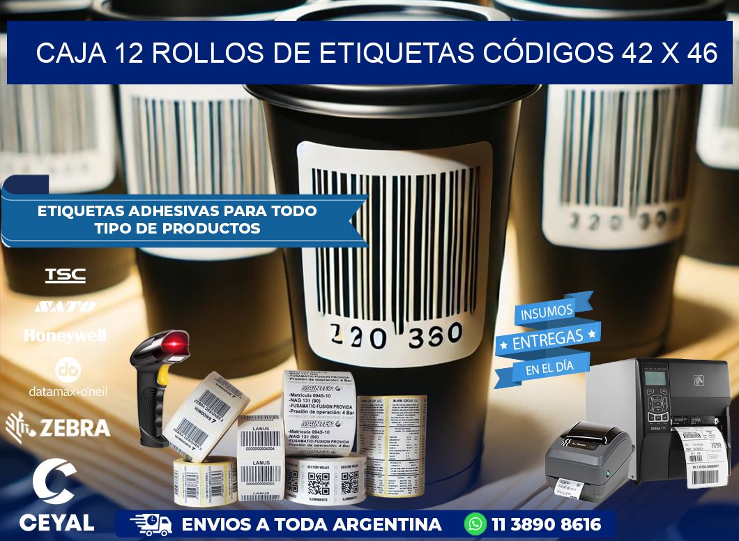CAJA 12 ROLLOS DE ETIQUETAS CÓDIGOS 42 x 46