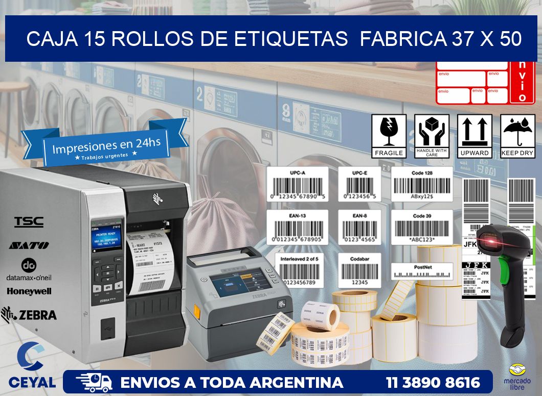CAJA 15 ROLLOS DE ETIQUETAS  FABRICA 37 x 50