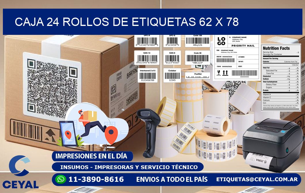 CAJA 24 ROLLOS DE ETIQUETAS 62 x 78