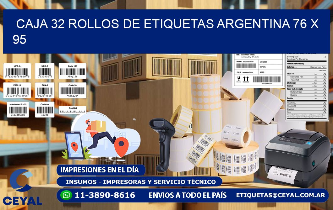 CAJA 32 ROLLOS DE ETIQUETAS ARGENTINA 76 x 95