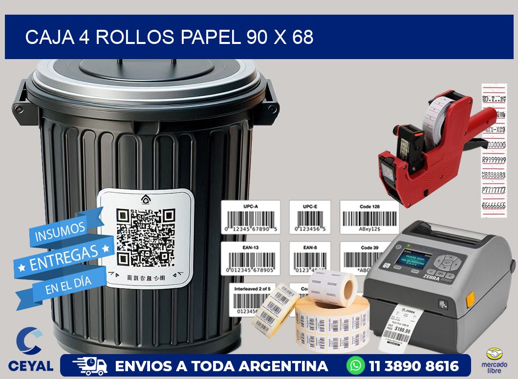 CAJA 4 ROLLOS PAPEL 90 x 68
