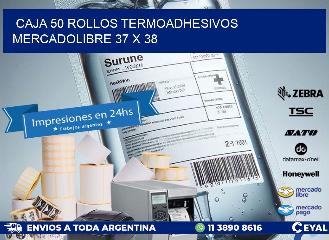 CAJA 50 ROLLOS TERMOADHESIVOS MERCADOLIBRE 37 x 38