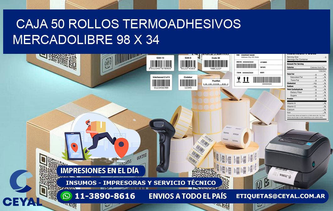 CAJA 50 ROLLOS TERMOADHESIVOS MERCADOLIBRE 98 x 34