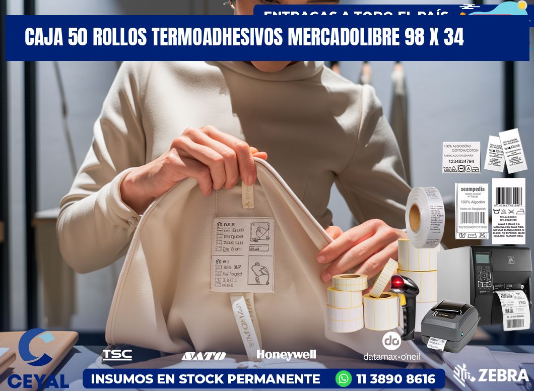 CAJA 50 ROLLOS TERMOADHESIVOS MERCADOLIBRE 98 x 34