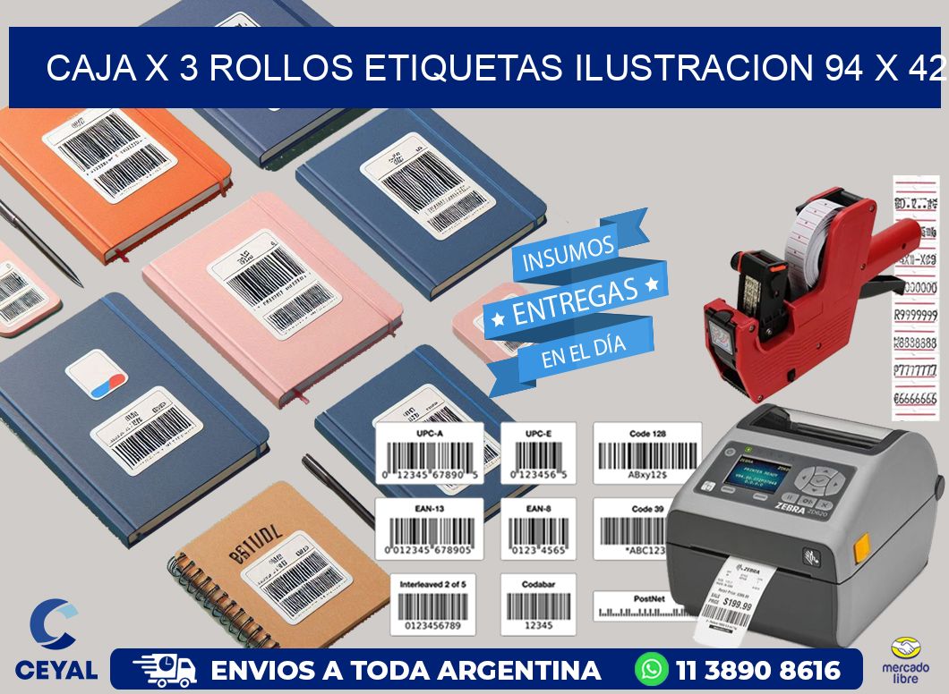 Caja X 3 Rollos Etiquetas Ilustracion 94 x 42