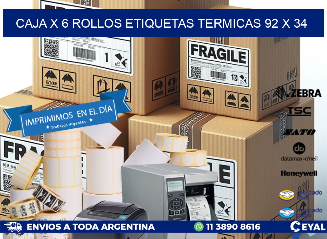 Caja X 6 Rollos Etiquetas termicas 92 x 34