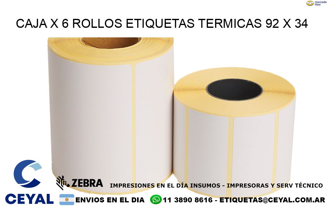 Caja X 6 Rollos Etiquetas termicas 92 x 34