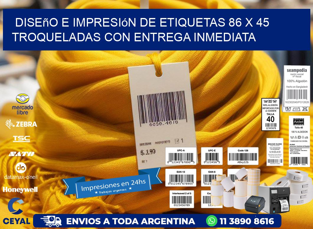 Diseño e impresión de etiquetas 86 x 45 troqueladas con entrega inmediata