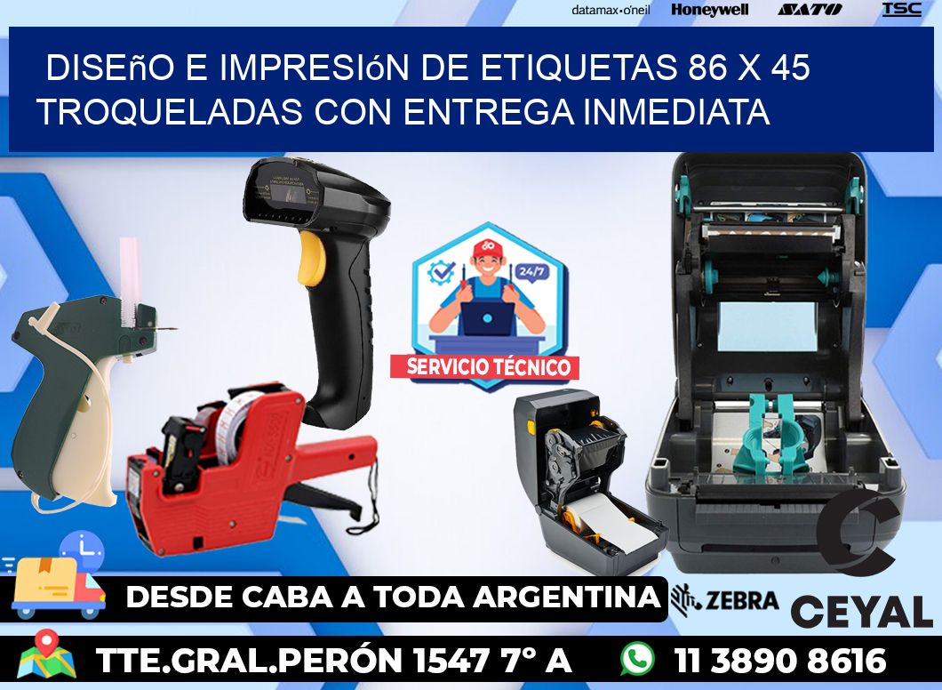 Diseño e impresión de etiquetas 86 x 45 troqueladas con entrega inmediata