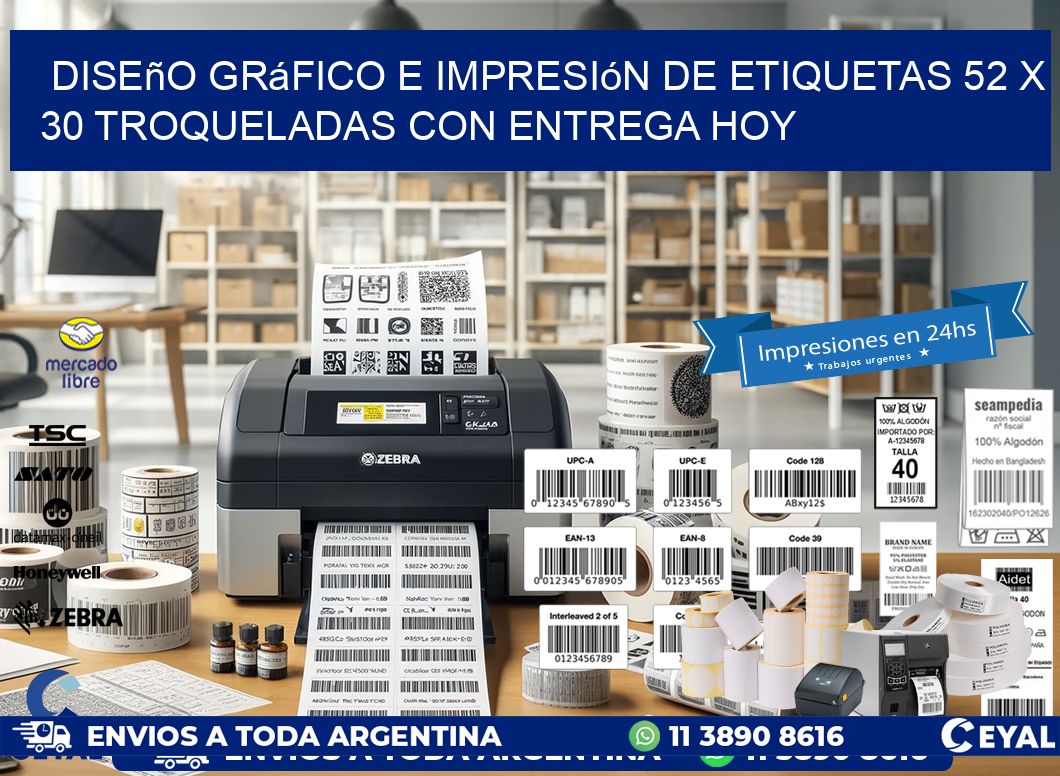Diseño gráfico e impresión de etiquetas 52 x 30 troqueladas con entrega hoy