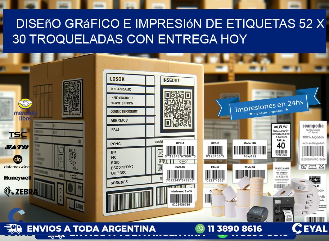 Diseño gráfico e impresión de etiquetas 52 x 30 troqueladas con entrega hoy