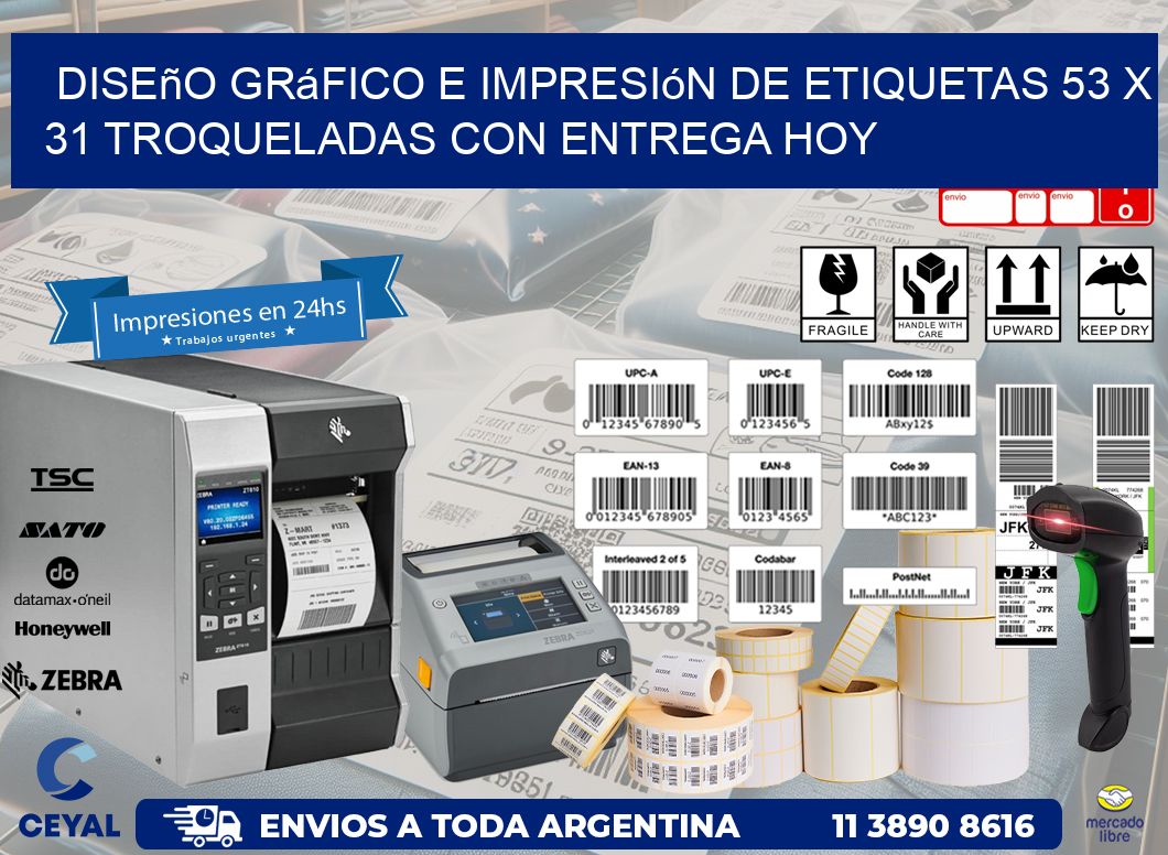 Diseño gráfico e impresión de etiquetas 53 x 31 troqueladas con entrega hoy