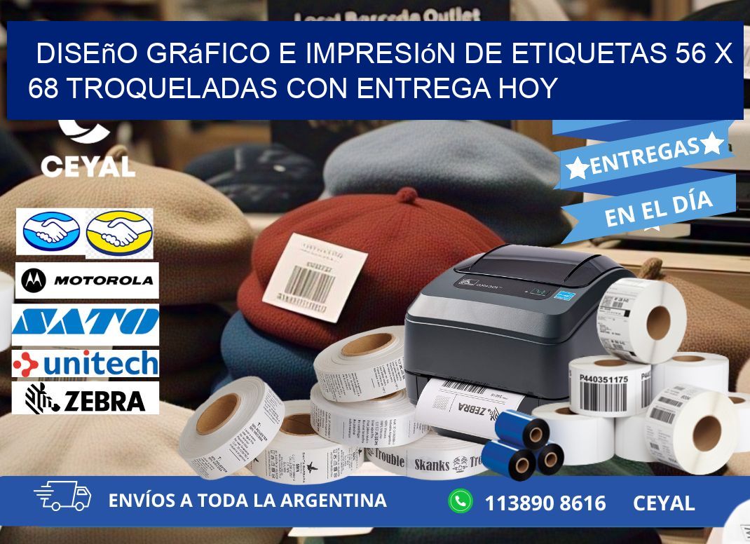 Diseño gráfico e impresión de etiquetas 56 x 68 troqueladas con entrega hoy